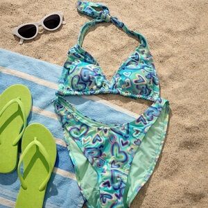 Wild Fable Heart Print Bikini Set Halter Top High Leg Bottom Small NWT
